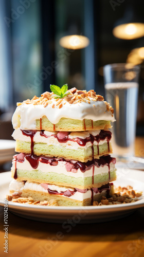 Piece of cake with whipped cream and strawberry sauce on wooden table.
