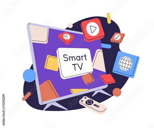Smart TV, television, entertainment technology concept. Streaming video service, media platform for movies, series, shows broadcast, games. Flat vector illustration isolated on white background