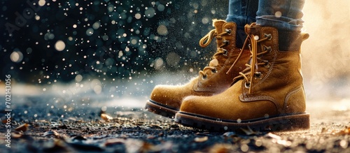A woman applies the spray to brown nubuck women s winter boots Water repellent care for shoes renewal and preservation of color. with copy space image. Place for adding text or design