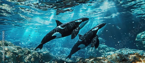 A young transient killer whale calf surfacing next to its mom. with copy space image. Place for adding text or design