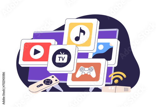 Smart TV concept. Multimedia device, home gadget with streaming services apps. Television applications for online entertainment by subscription. Flat vector illustration isolated on white background