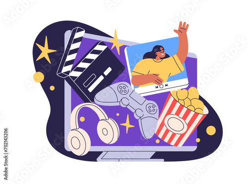 Smart TV, streaming multimedia service, home cinema concept. Television applications for watching movies, films, games online in internet. Flat vector illustration isolated on white background