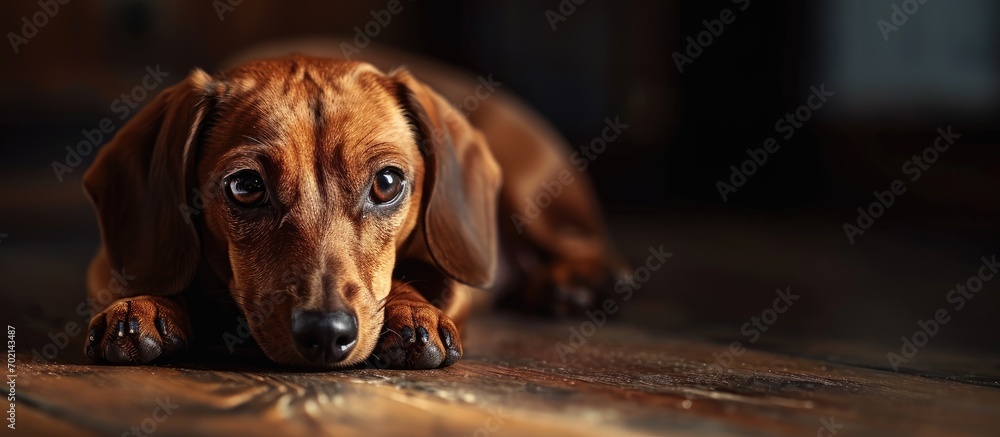 Cute dachshund puppy lying on human knees. with copy space image. Place for adding text or design