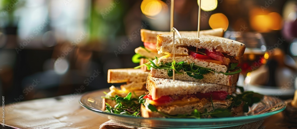 fresh and delicious classic club sandwich over a transparent glass dish. with copy space image. Place for adding text or design