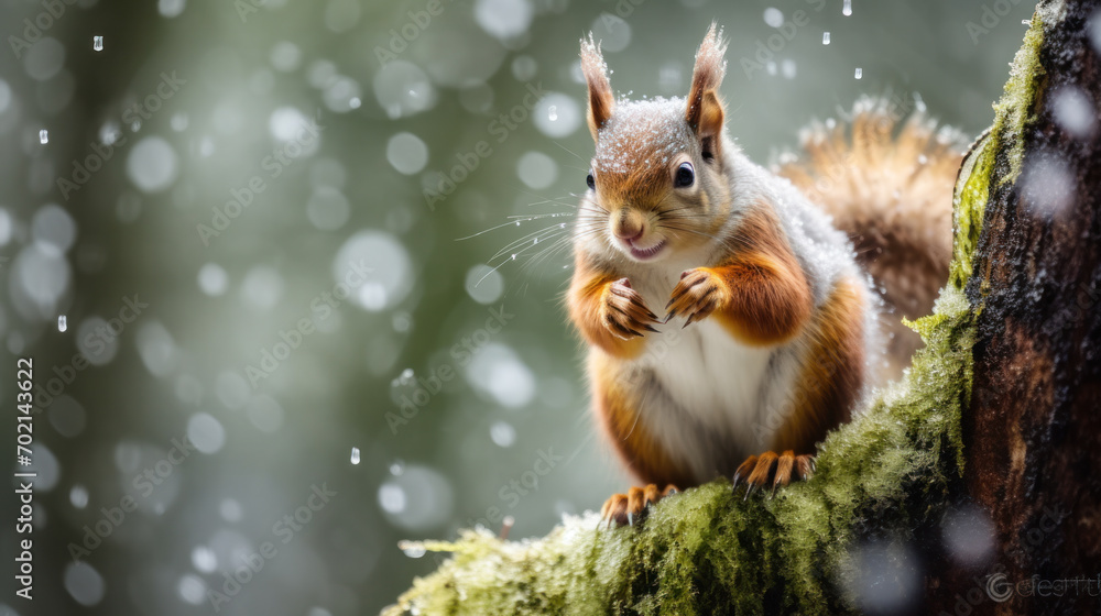 Cute fluffy squirrel in winter forest, close up. Cute fluffy squirrel in winter forest, close up.