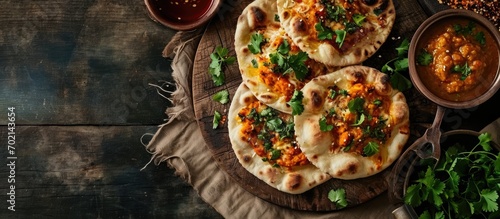 Aerial top shot of stuffed cheese naan flat bread with dips on circular wooden baking cutlery. with copy space image. Place for adding text or design photo