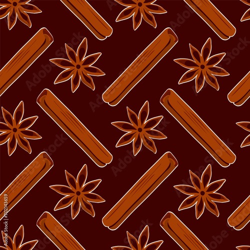 Cinnamon and star anise on dark background. Seamless pattern. Hand drawn vector illustration.