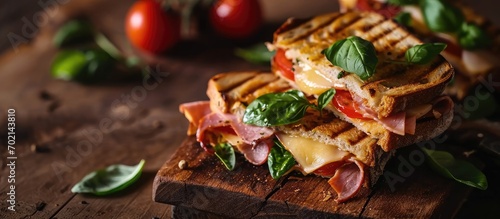 Club sandwich panini with ham tomato cheese and basil. with copy space image. Place for adding text or design