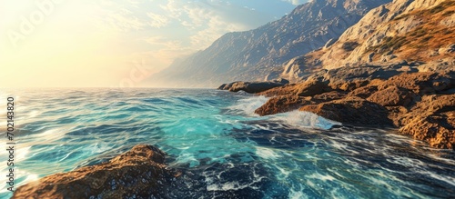 Amazing view of seashore coastline sea waves mountains surrounded by clouds sunlight reflecting on water on sunny day Summer holiday vacation travelling seascape tourism seascape ocean