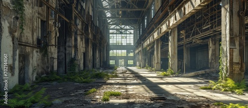 Creepy abandoned industry area with natural decay so called lost place a decayed factory hall. with copy space image. Place for adding text or design