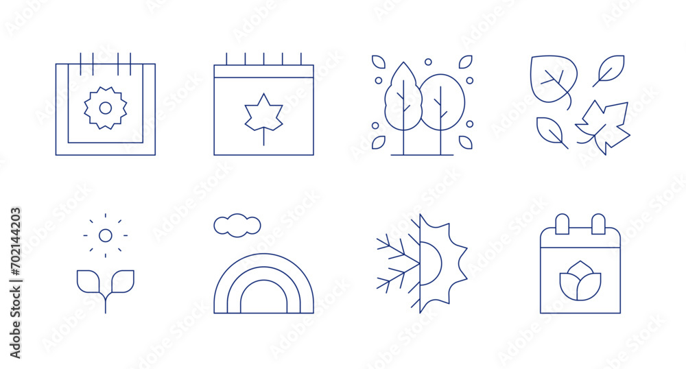 Seasons icons. Editable stroke. Containing summer, autumn, sprout, rainbow, tree, leaves, spring, season.