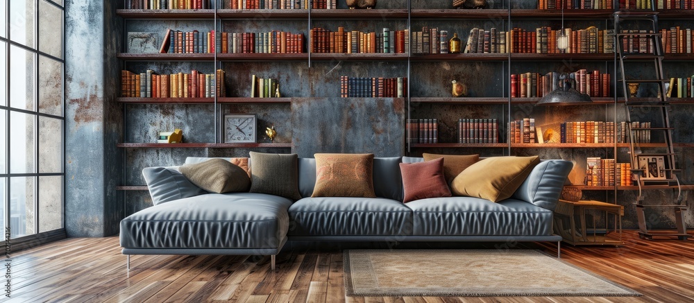 Grey couch with decorative pillows standing in a bright living room with library. with copy space image. Place for adding text or design Grey couch with decorative pillows standing in a bright living room with library. with copy space image. Place for adding text or design