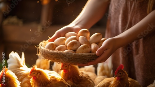 a person picking eggs from a nest in a barn, a farmer picking up some eggs on the farm,