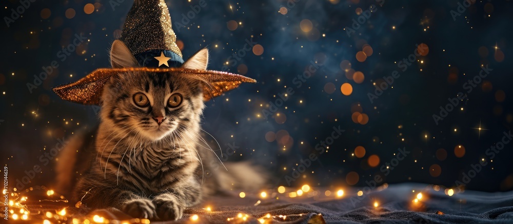 Halloween pumpkin jack o lantern and cute british cat in a wizard costume on a dark background Halloween cat in a witch hat and a mantle with stars. with copy space image - obrazy, fototapety, plakaty 