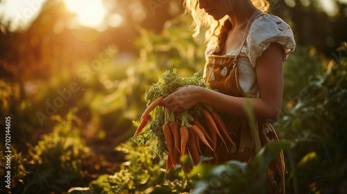 selective focus, Farmers on field harvesting, collecting ripe carrot from ground. soft and bokeh light in the moring.