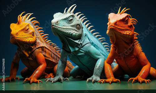Vividly Colored Iguanas in Red  Blue  and Orange Hues Lined Up  Symbolizing Diversity  Uniqueness  and Wildlife Beauty Against a Teal Background