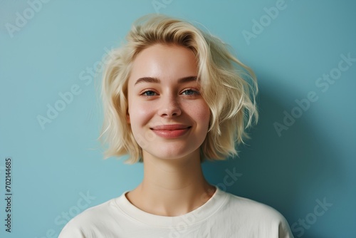 Smiling girl with short blond hair, happy confident pretty gen z blonde young woman looking at camera standing isolated on light blue background. generative AI