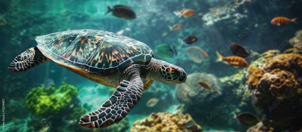 Fototapeta premium Green sea turtle Chelonia mydas swimming close to a school of fish Remora fish attached behind its head. with copy space image. Place for adding text or design