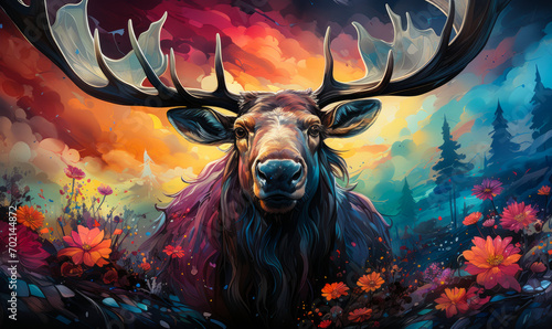 Colorful Spectrum Moose with Majestic Antlers, a Surreal Representation of Wildlife and Fantasy with a Vivid Rainbow-Hued Background photo