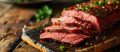 Corned beef cooked and sliced on a cutting board irish recipe idea for St Patricks day. with copy space image. Place for adding text or design