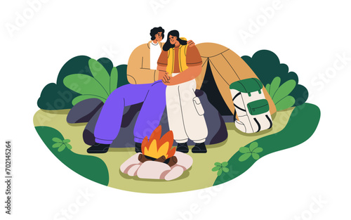 Love couple, campers relaxing by camping fire in nature. Man and woman backpackers at campfire and tent. Romantic holiday, summer vacation. Flat vector illustration isolated on white background