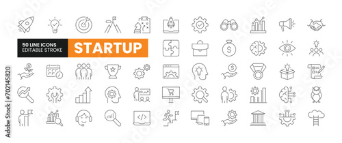 Set of 50 Business Startup line icons set. Startup outline icons with editable stroke collection. Includes Mission, Team, Investment, Creativity, Innovation, and More.