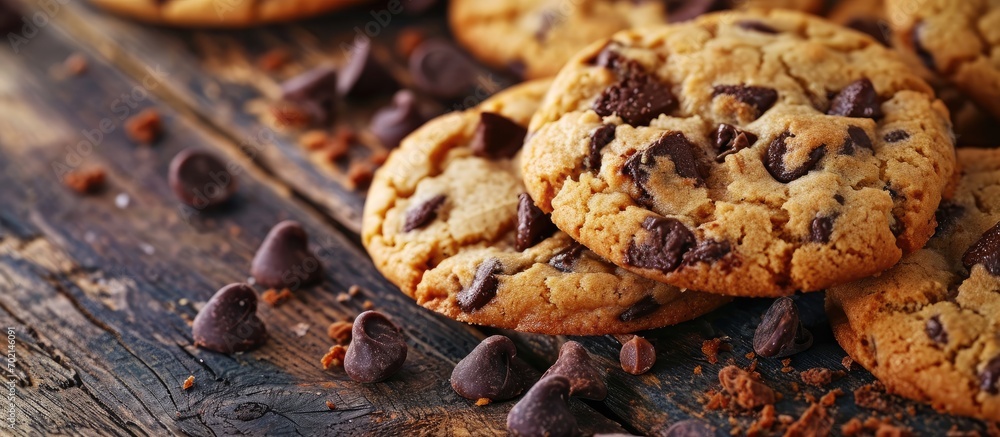 A classic photo of melt in your mouth ooey gooey perfect chocolate chip cookies made with a mix of flours browned butter bittersweet chocolate and sea salt. with copy space image