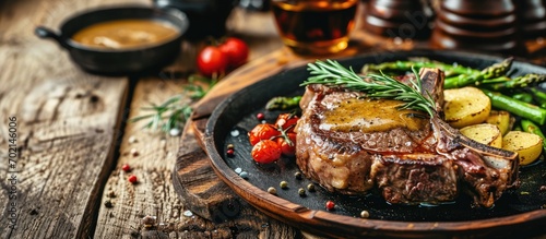 A sprig of rosemary on a fresh roasted bone in ribeye steak with garlic gravy and asparagus. with copy space image. Place for adding text or design