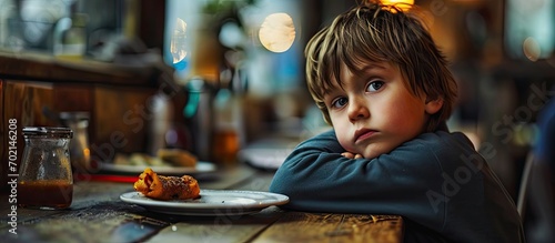Bored small boy close up child face displaying boredom seated at restaurant waiting for food with nothing to do. with copy space image. Place for adding text or design photo