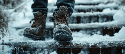 A Man with Shoe snow spikes in winter on icy stairs. with copy space image. Place for adding text or design photo