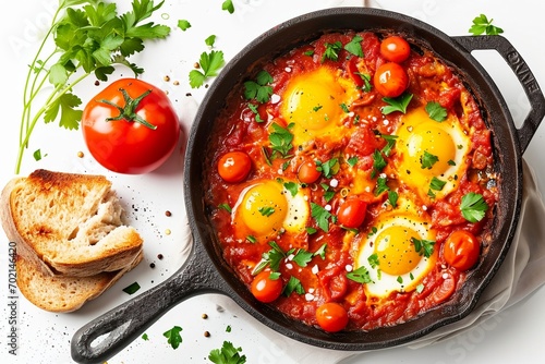 Shakshuka with vegetables, herbs, tomato sauce and grilled bread slices photo