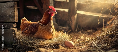 brown hen sitting in nest with egg hen and egg hen poultry hatching egg brood hen farming and chicken coop. with copy space image. Place for adding text or design photo
