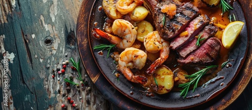 Delicious Steak Oscar with jumbo prawns served with roasted potatoes. with copy space image. Place for adding text or design photo