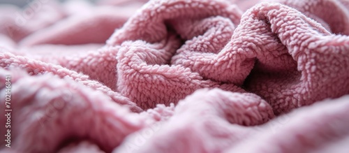 Closeup shot of primium pink color woolen blanket Woolen texture of blanket Woolen macro shot. with copy space image. Place for adding text or design