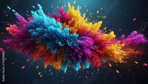 Colorful abstract explosion with a dense cluster of blue  pink  and yellow particles bursting outward  creating a dynamic and impactful visual effect on a dark celestial background.