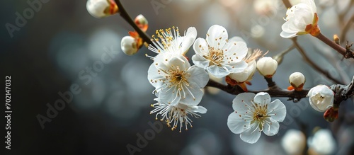 Chinese plum Japanese apricot bloom white flower beautiful on branch. with copy space image. Place for adding text or design photo