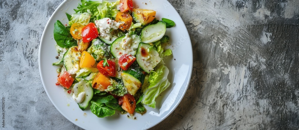 Fresh caesar salad in white plate on concrete table Top view. with copy space image. Place for adding text or design Fresh caesar salad in white plate on concrete table Top view. with copy space image. Place for adding text or design
