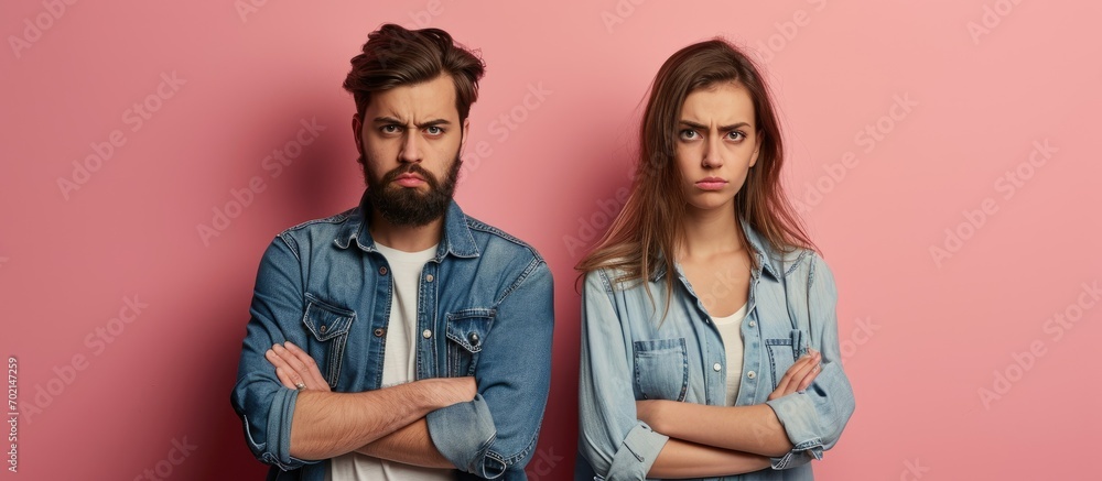 Beautiful young couple of boyfriend and girlfriend together skeptic and nervous disapproving expression on face with crossed arms negative person. with copy space image