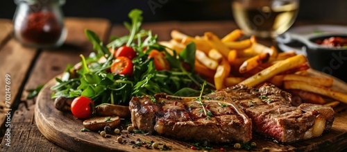 A grilled ribeye steak served with mushrooms chips french fries and a garden salad of lettuce cucumber baby carrot and capsicum. with copy space image. Place for adding text or design