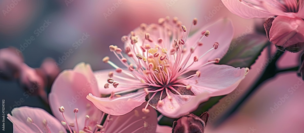 Delicate brown yellow stamens of a pink flower macro shot. with copy space image. Place for adding text or design - obrazy, fototapety, plakaty 