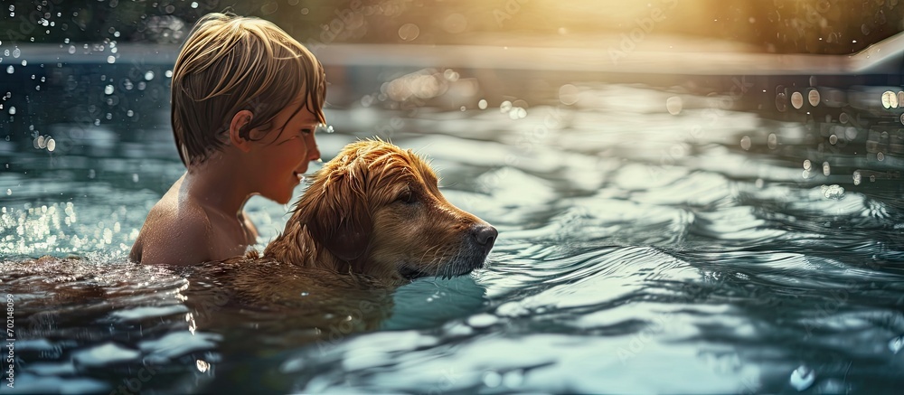 A child boy with a dog indulges in an inflatable pool of water on a hot sunny summer day The child laughs and smiles while splashing water on the dog The dog plays with the child by the pool - obrazy, fototapety, plakaty 