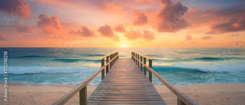 Ultra-wide image showing a beach trail and scanning the horizon during sunrise