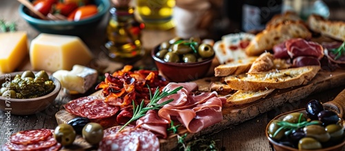 Fotografiet Cured meat and cheese platter of traditional Spanish tapas chorizo salsichon jamon serrano lomo and slices of goat cheese served on wooden board with olives and bread sticks