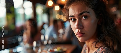 Face of beautiful woman is upset because her boyfriend arrives late for dinner at a restaurant. with copy space image. Place for adding text or design © vxnaghiyev