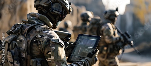 Obraz na płótnie AI Command of the military forces on the tablet computer with augmented reality Internet Programming control with artificial intelligence online coordination of the military team w salonie
