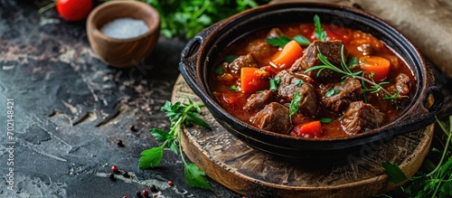Goulash soup with beef sweet pepper and potatoes Stew of meat and vegetables flavored with paprika Hungarian cuisine. with copy space image. Place for adding text or design photo