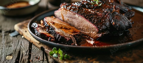 Closeup view of roasted beef brisket flat steak on a plate. with copy space image. Place for adding text or design photo