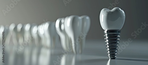 Dentistry implants with a pin on a gray background Healthy medicine molar root restoration design concept world oral health day created by AI. with copy space image. Place for adding text or design photo