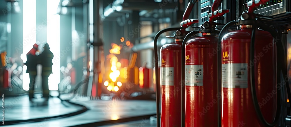 Engineer are checking and inspection a red fire extinguishers in the fire control room for safety prevention and fire training. with copy space image. Place for adding text or design Engineer are checking and inspection a red fire extinguishers in the fire control room for safety prevention and fire training. with copy space image. Place for adding text or design