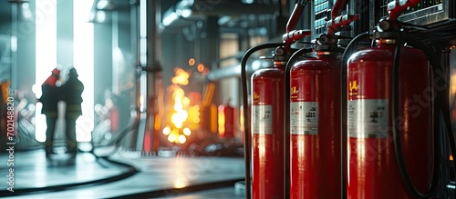 Engineer are checking and inspection a red fire extinguishers in the fire control room for safety prevention and fire training. with copy space image. Place for adding text or design photo